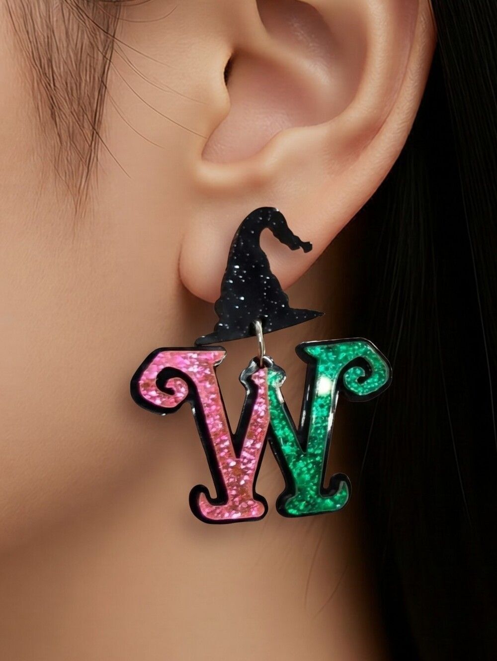 Wicked Glitter W Earrings Pink Green Witch Hat Crown Dangle Jewelry Fandom NWT